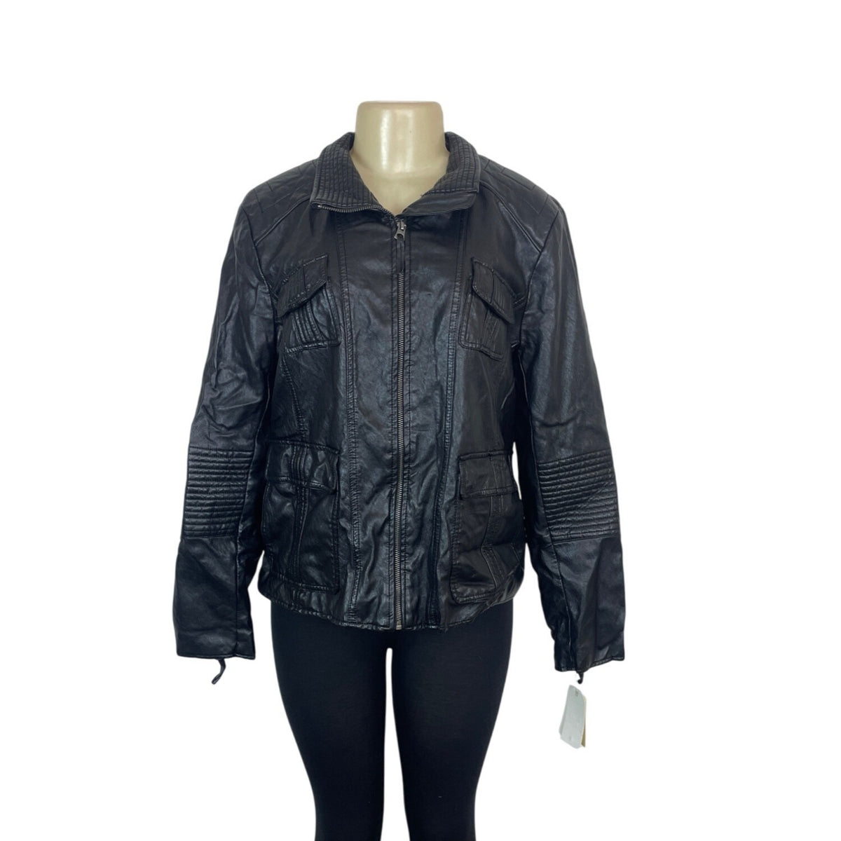 Lucky Brand Womens Black Foux Leather Jacket With Quilted Accents Sz XL - New