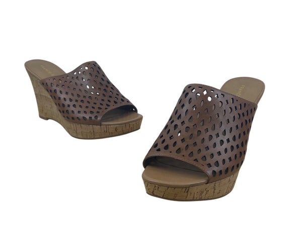 Franco Sarto Women’s Perforated Leather Wedge Sandals With Cork Heel Size 8.5M