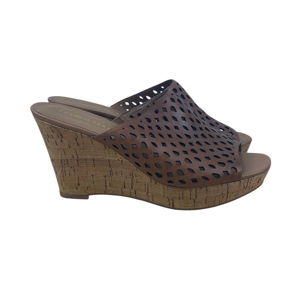 Franco Sarto Women’s Perforated Leather Wedge Sandals With Cork Heel Size 8.5M
