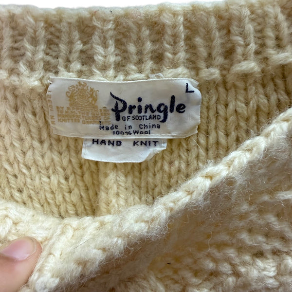 Pringle Of Scotland Womens Cream Wool Hand Knit Sweater Intricate Cable Knit Size L