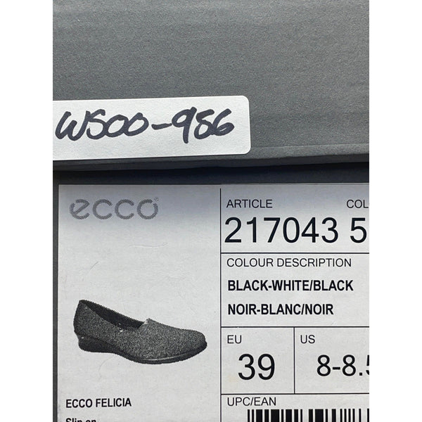 Ecco Womens Black-White Fabric & Leather Felicia Slip-On Wedge Shoes Sz 8-8.5 US