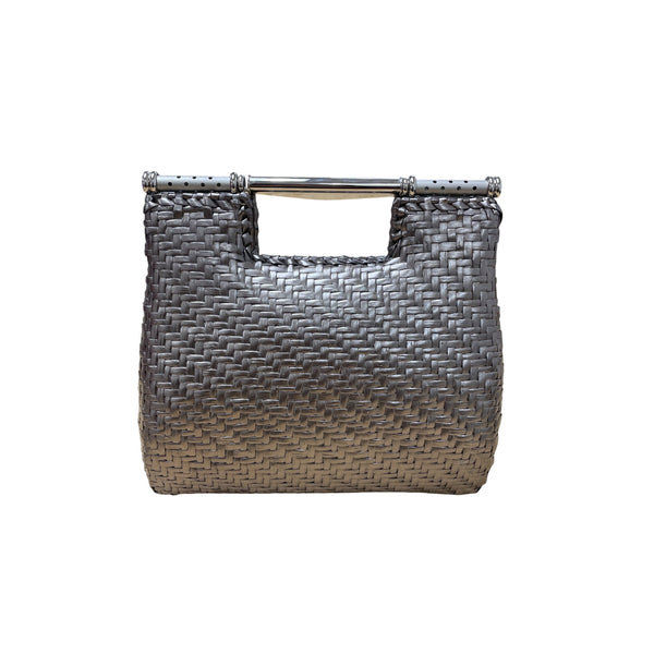 Rodo Womens Metallic Woven Evening Bag With Metal Top Handle Luxe Design Structured Clutch