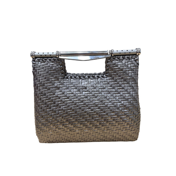Rodo Womens Metallic Woven Evening Bag With Metal Top Handle Luxe Design Structured Clutch
