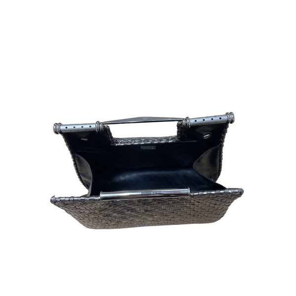 Rodo Womens Metallic Woven Evening Bag With Metal Top Handle Luxe Design Structured Clutch