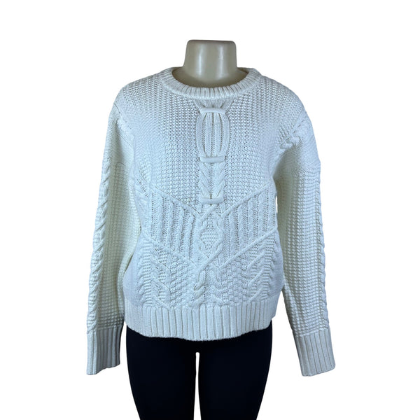 White+Warren Womens White Cotton Polyamide Cable Knit Sweater Cozy Size L