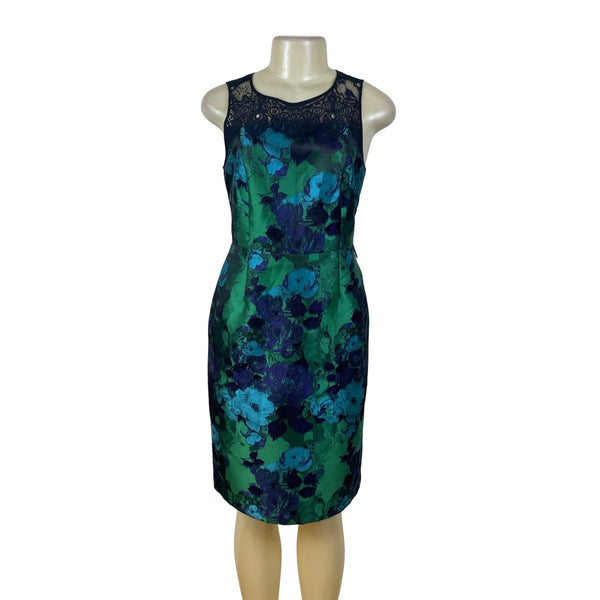 Leifsdottir Womens Blue/Green Floral Lace-Top Sheath Dress Size 6