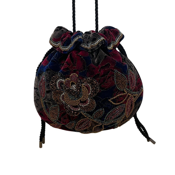 Hashimoto Women’s Floral Beaded Velvet Drawstring Rope Strap Pouch Bag Sz S
