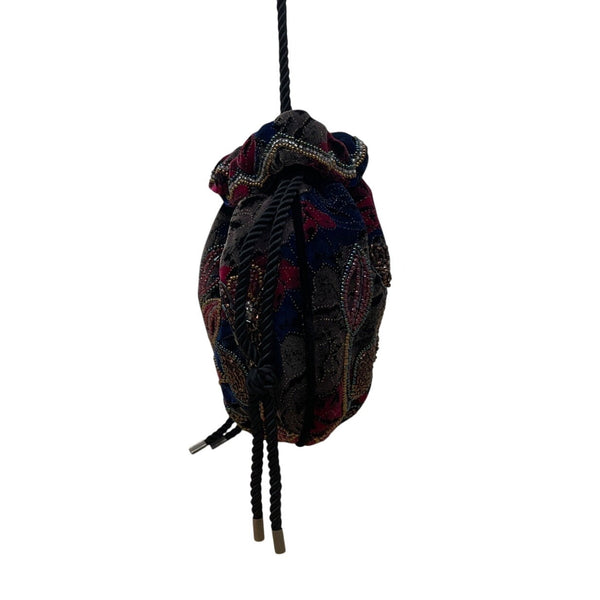 Hashimoto Women’s Floral Beaded Velvet Drawstring Rope Strap Pouch Bag Sz S