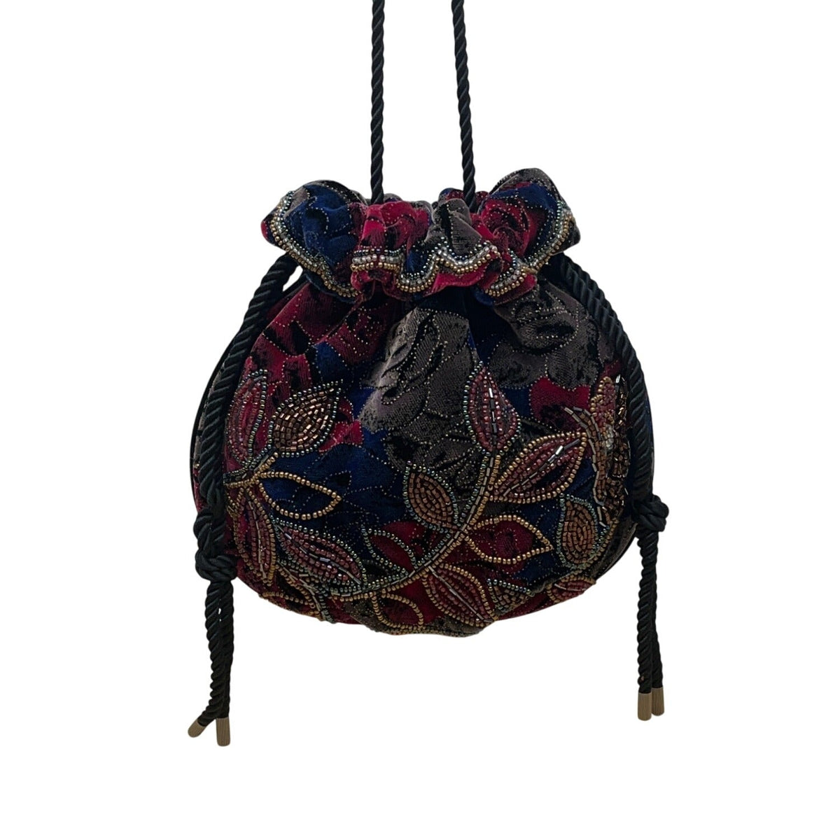 Hashimoto Women’s Floral Beaded Velvet Drawstring Rope Strap Pouch Bag Sz S
