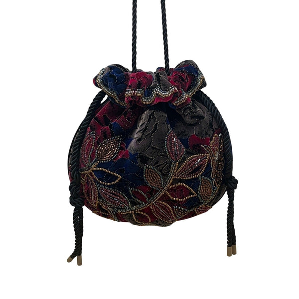 Hashimoto Women’s Floral Beaded Velvet Drawstring Rope Strap Pouch Bag Sz S