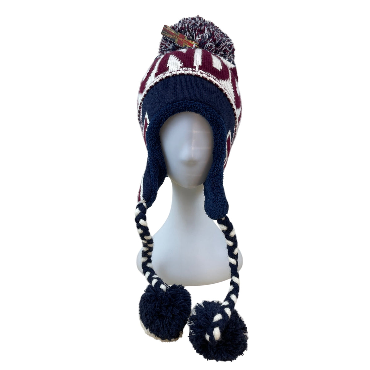 Knit London Beanie Hat With Pom & Braided Ties