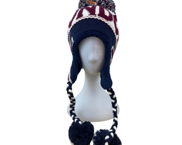 Knit London Beanie Hat With Pom & Braided Ties