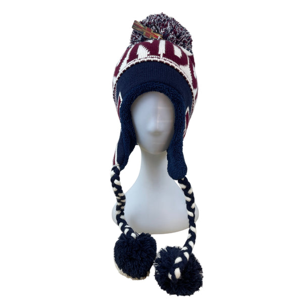 Knit London Beanie Hat With Pom & Braided Ties