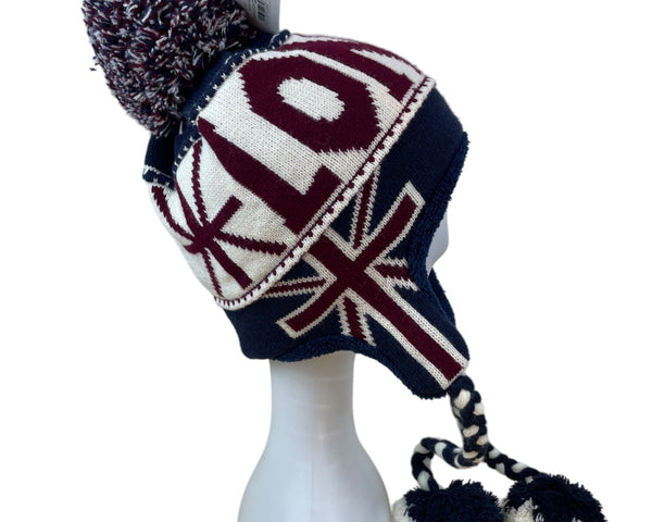 Knit London Beanie Hat With Pom & Braided Ties