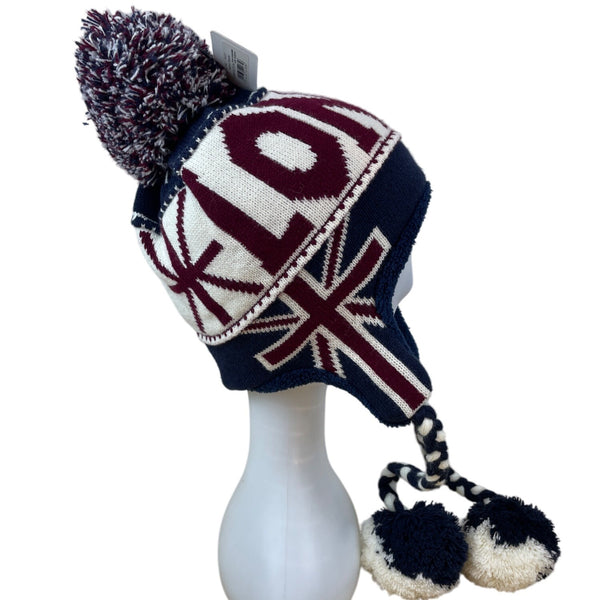 Knit London Beanie Hat With Pom & Braided Ties