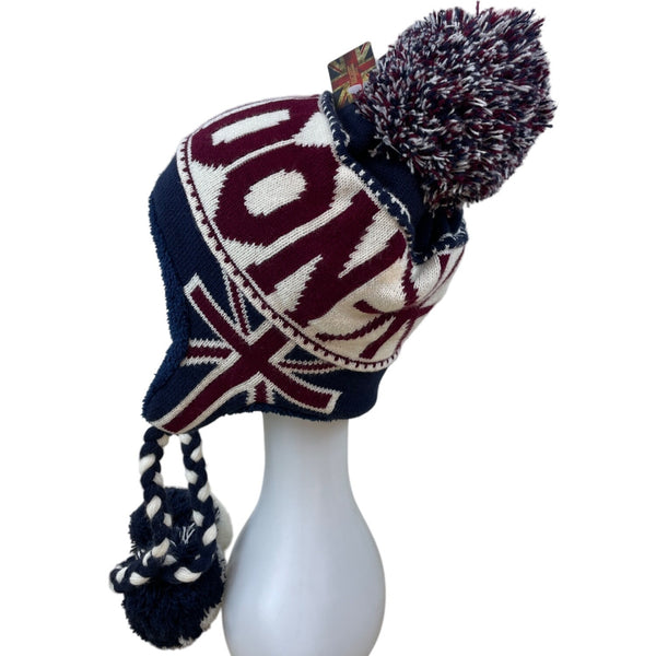 Knit London Beanie Hat With Pom & Braided Ties