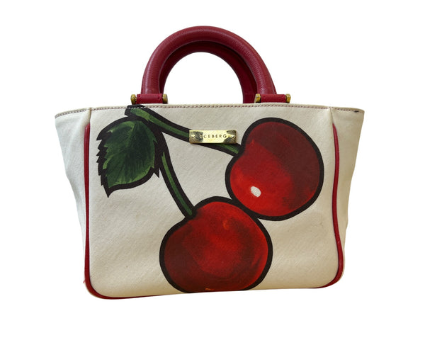 Iceberg Womens Cream/Red Canvas & Leather Cherry Print Tote Bag Medium