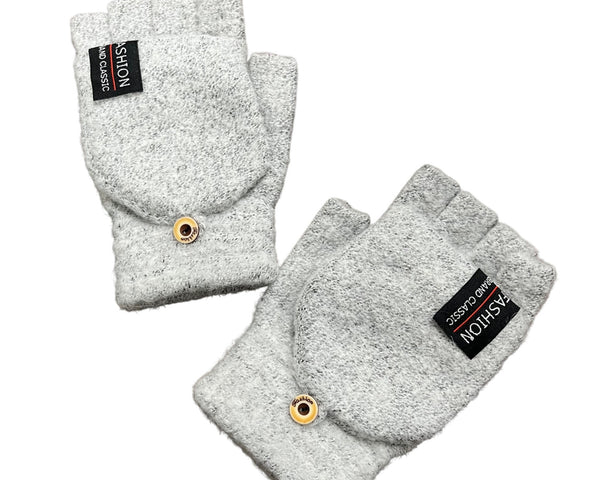 Fashion Brand Classic Unisex Light Gray Wool Blend Convertible Fingerless Gloves With Button Closure
