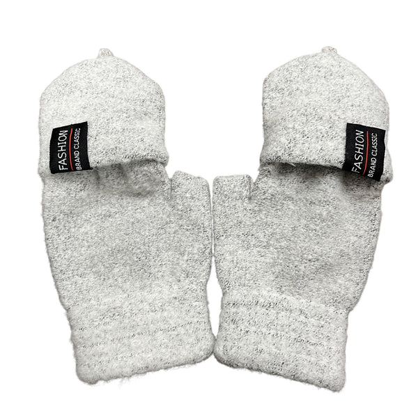 Fashion Brand Classic Unisex Light Gray Wool Blend Convertible Fingerless Gloves With Button Closure