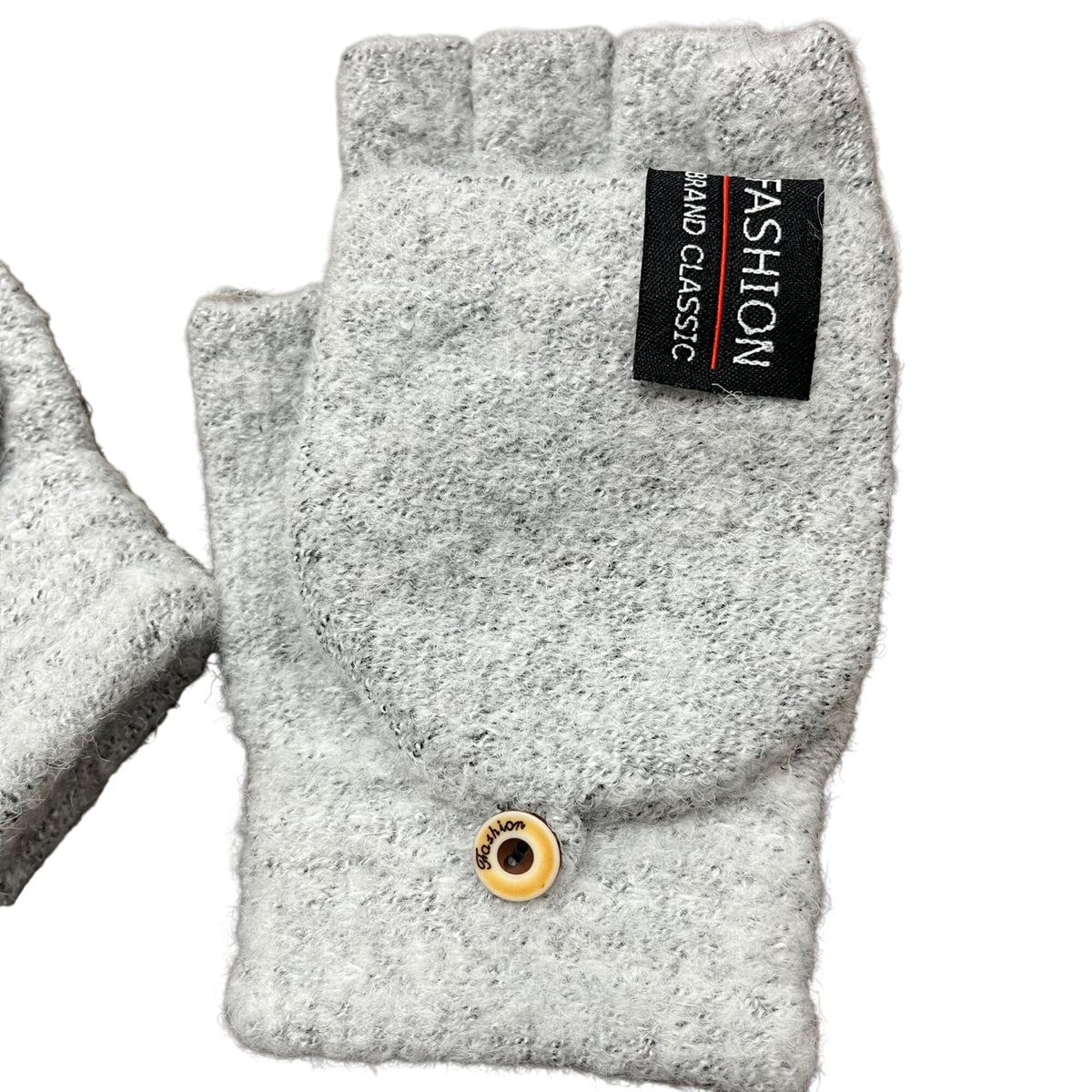 Fashion Brand Classic Unisex Light Gray Wool Blend Convertible Fingerless Gloves With Button Closure