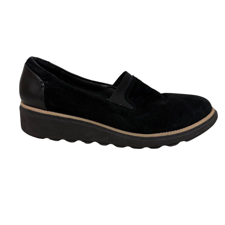 Clarks Womens Black Suede & Leather Cushioned Slip-On Loafers Size US 8 EU 39