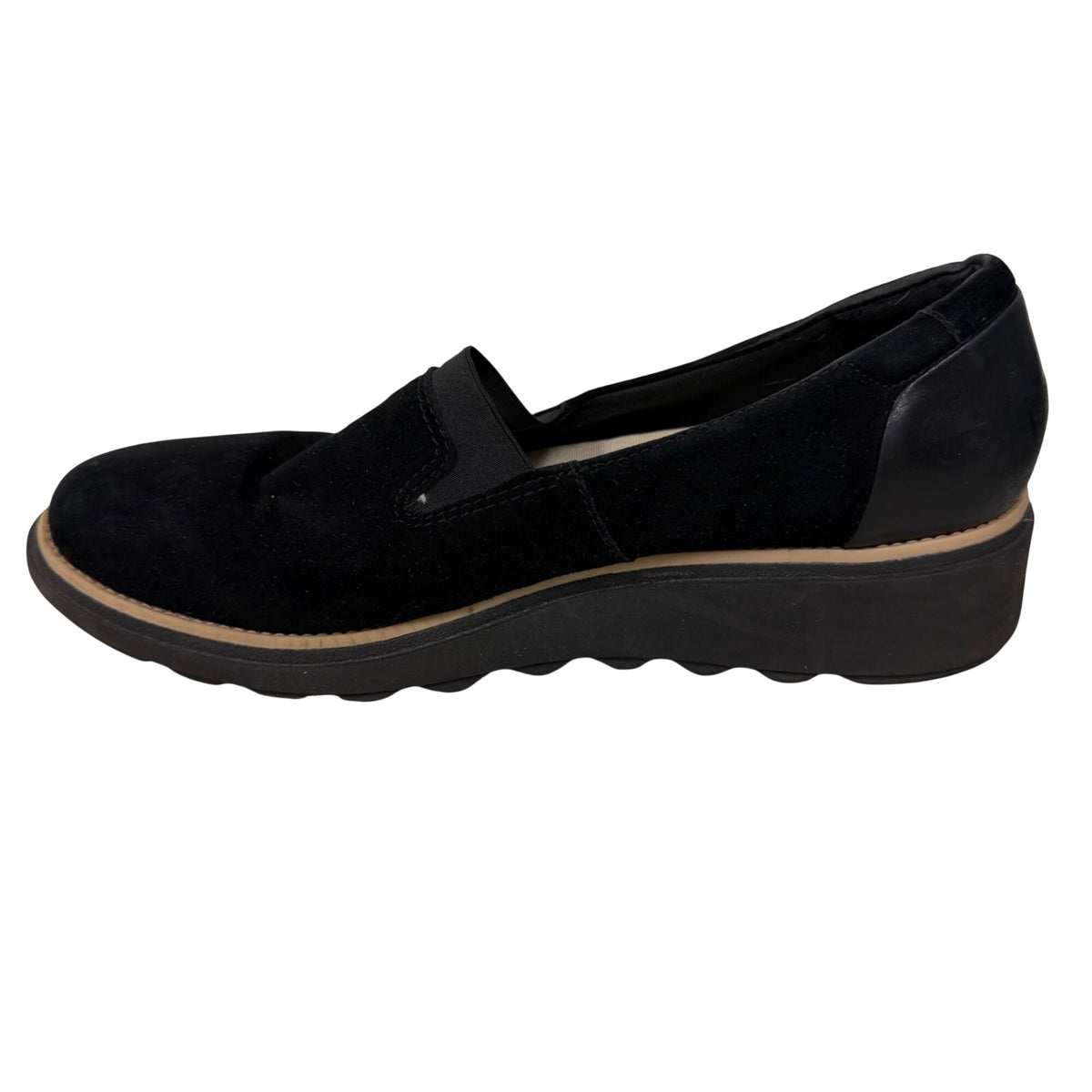 Clarks Womens Black Suede & Leather Cushioned Slip-On Loafers Size US 8 EU 39