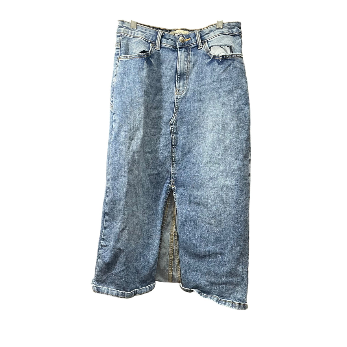 Lovegen Womens Blue Denim Midi Skirt Front Slit Casual Fit Size 7/29