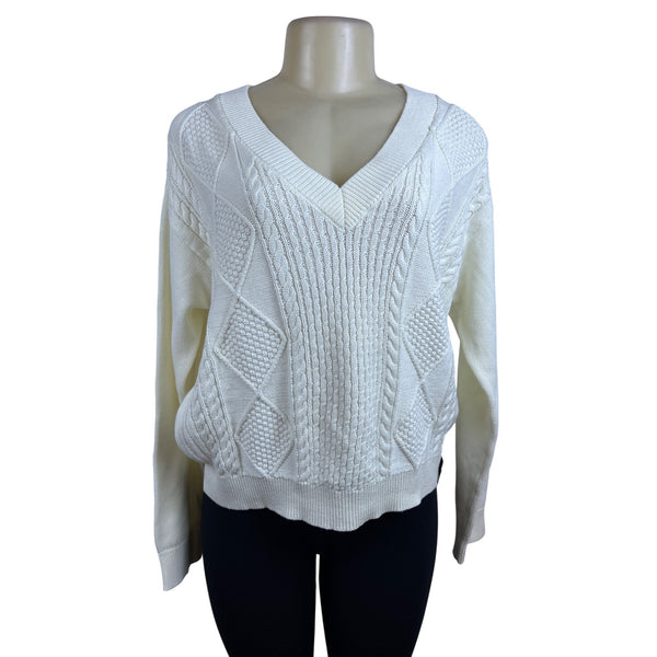 Tommy Hilfiger Women's White Knit V Neck Sweater Cable Pattern Cozy Size M