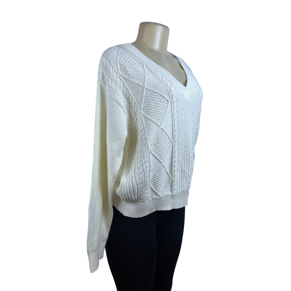 Tommy Hilfiger Women's White Knit V Neck Sweater Cable Pattern Cozy Size M