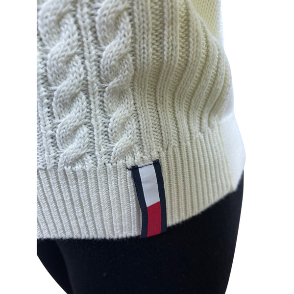 Tommy Hilfiger Women's White Knit V Neck Sweater Cable Pattern Cozy Size M