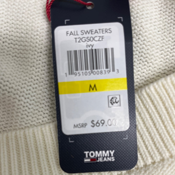 Tommy Hilfiger Women's White Knit V Neck Sweater Cable Pattern Cozy Size M