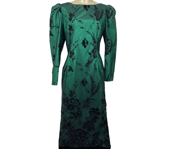 Vintage Rzik Bros Green Floral Satin Evening Gown Velvet Bow Puff Sleeves