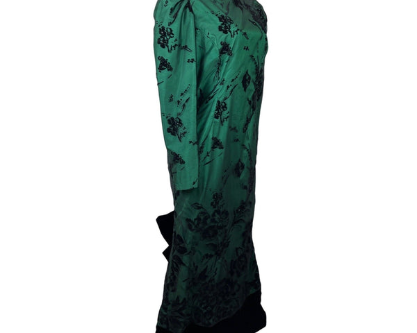 Vintage Rzik Bros Green Floral Satin Evening Gown Velvet Bow Puff Sleeves