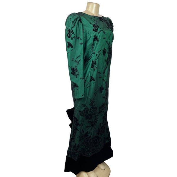 Vintage Rzik Bros Green Floral Satin Evening Gown Velvet Bow Puff Sleeves