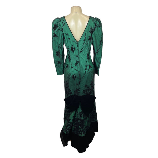 Vintage Rzik Bros Green Floral Satin Evening Gown Velvet Bow Puff Sleeves