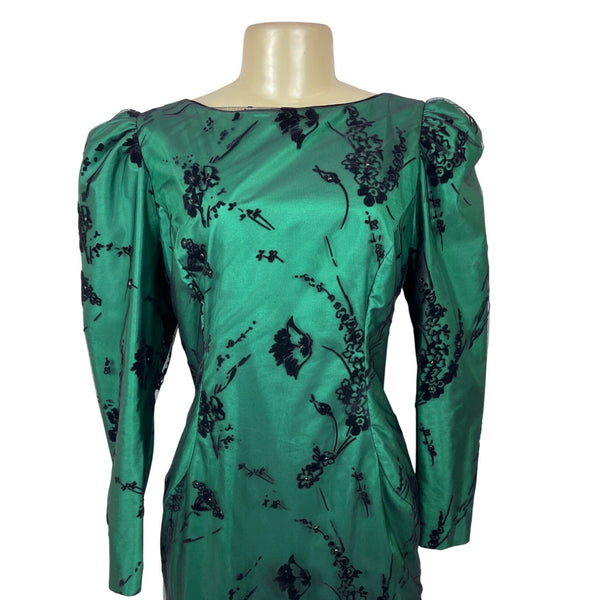 Vintage Rzik Bros Green Floral Satin Evening Gown Velvet Bow Puff Sleeves