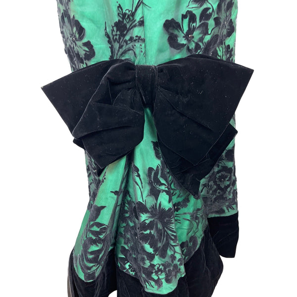 Vintage Rzik Bros Green Floral Satin Evening Gown Velvet Bow Puff Sleeves