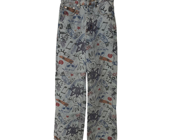 Adika XS Gray Cotton Graphic Print High-Waisted Wide-Leg Jeans Fun Casual Style