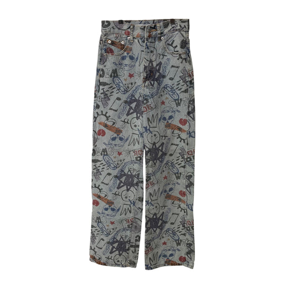 Adika XS Gray Cotton Graphic Print High-Waisted Wide-Leg Jeans Fun Casual Style