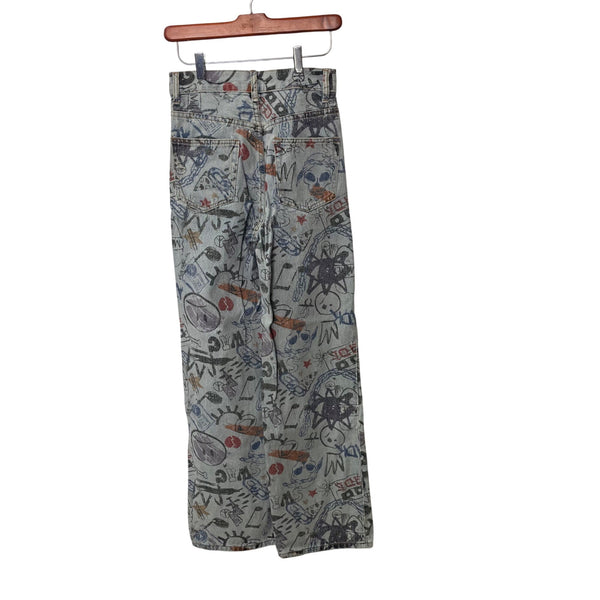 Adika XS Gray Cotton Graphic Print High-Waisted Wide-Leg Jeans Fun Casual Style