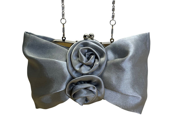 Silver Satin Evening Clutch With Rose Detail & Chain Strap For Women Sz S