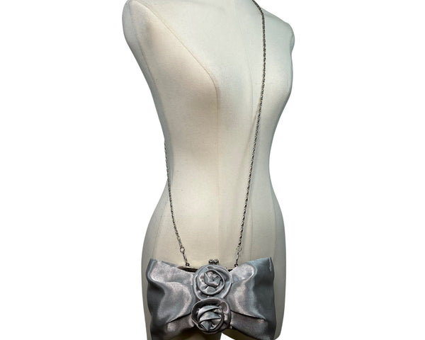 Silver Satin Evening Clutch With Rose Detail & Chain Strap For Women Sz S