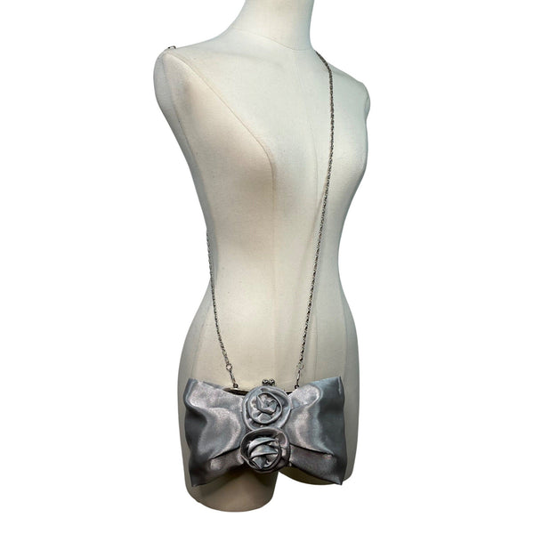 Silver Satin Evening Clutch With Rose Detail & Chain Strap For Women Sz S
