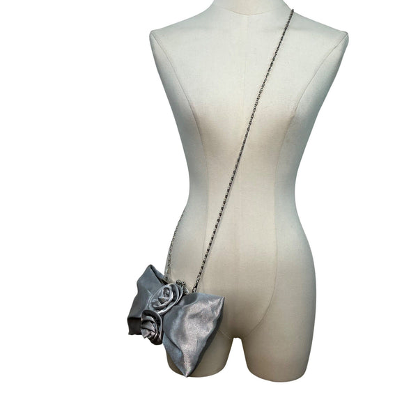 Silver Satin Evening Clutch With Rose Detail & Chain Strap For Women Sz S