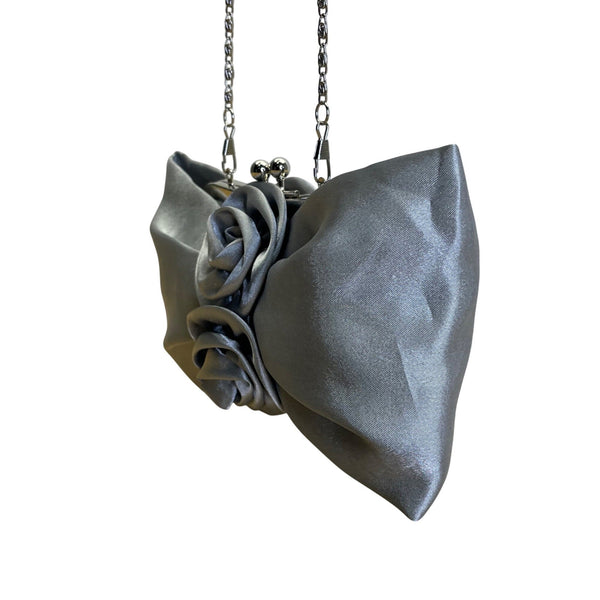 Silver Satin Evening Clutch With Rose Detail & Chain Strap For Women Sz S