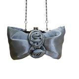 Silver Satin Evening Clutch With Rose Detail & Chain Strap For Women Sz S