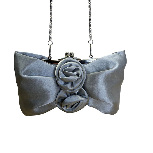 Silver Satin Evening Clutch With Rose Detail & Chain Strap For Women Sz S