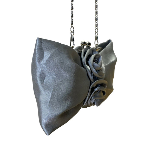Silver Satin Evening Clutch With Rose Detail & Chain Strap For Women Sz S