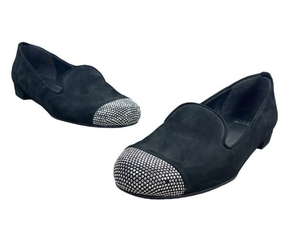 Stuart Weitzman Women's Black Suede Rhinestone Cap Toe Flat Shoes Sz 8M