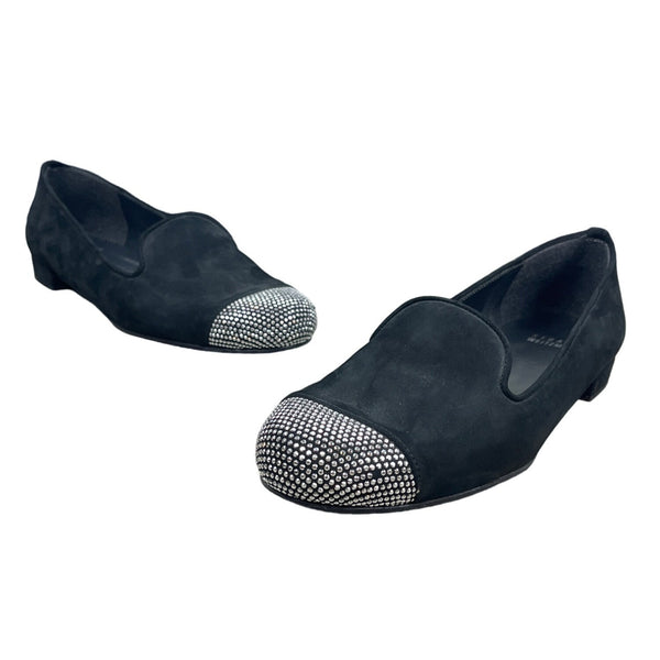 Stuart Weitzman Women's Black Suede Rhinestone Cap Toe Flat Shoes Sz 8M